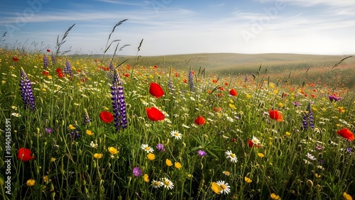 Fototapeta Naklejka Na Ścianę i Meble -  Beautiful summer landscape of a green meadow filled with colorful wildflowers, lupines, and poppies under a sunny blue sky