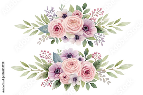 Delicate watercolor floral arrangements with roses anemones and lush greenery on a transparent background