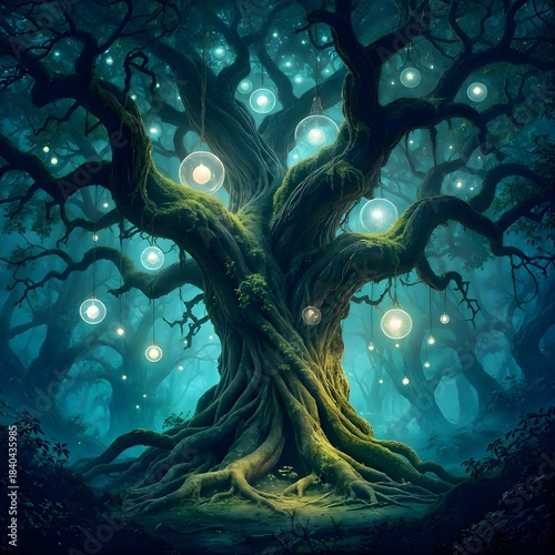 Mystical ancient tree with luminous orbs in an enchanted forest