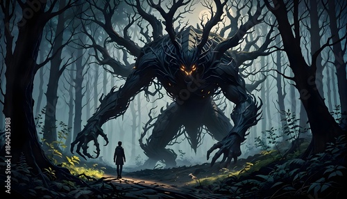 Colossal tree monster in a misty forest