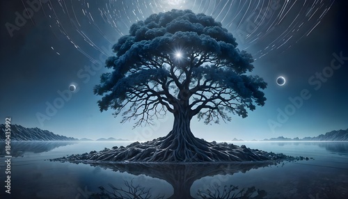 Cosmic tree of life reflected in serene waters
