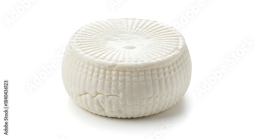 Round white cheese with textured surface isolated on white background