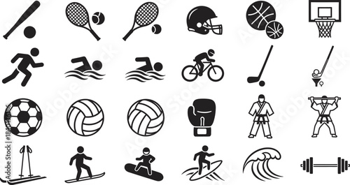 Diverse collection of black and white sport icons representing various athletic activities
