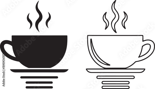 Two coffee cups one black silhouette one line art with steam Keywords: coffee, cup, hot, drink