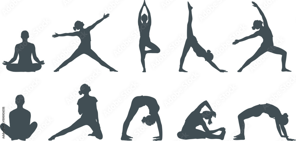 Fototapeta premium Silhouette series depicting various yoga poses for wellness and physical exercise