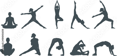 Silhouette series depicting various yoga poses for wellness and physical exercise