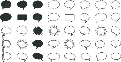 Collection of diverse black speech bubbles and thought balloons on a white background