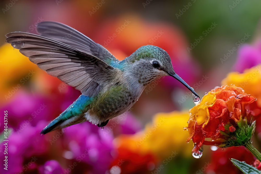 Naklejka premium Hummingbird feeding on vibrant flower in lush garden during bright daytime