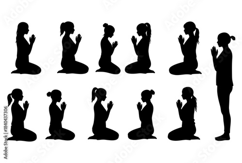 Set of woman silhouettes in kneeling and standing poses with hands in prayer, a collection of people icons for meditation and worship