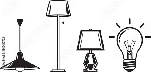 Hand drawn black and white illustration of various lighting fixtures and a lightbulb