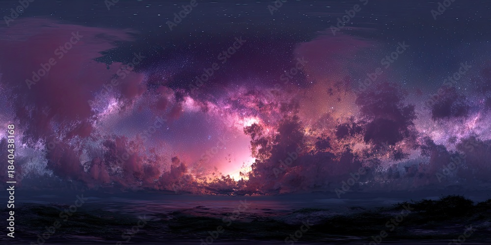 Fototapeta premium Dramatic panoramic ocean view with pink and purple clouds at sunset/twilight