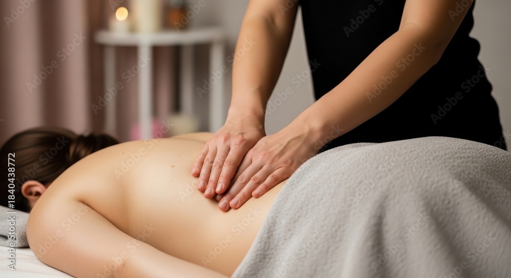 Obraz premium Close-up shot of a professional massage therapist giving a deep tissue back massage to a client lying on a table in a calm spa environment.