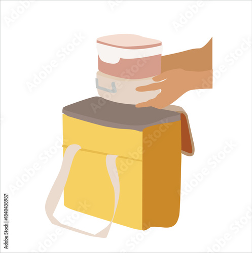 hand putting lunch box into bag. vektor