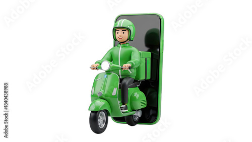 Delivery Man on Scooter with Phone App - Online Ordering Concept
