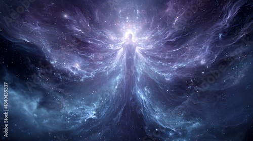 Quantum soul energy ascending through cosmic dimension ethereal particles rising toward divine light abstract afterlife visualization