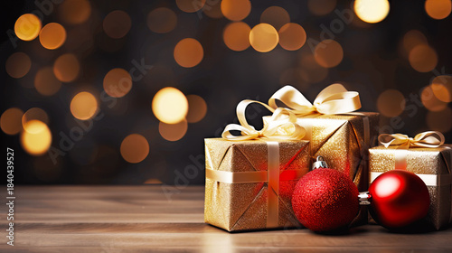 Beautiful Christmas Presents with Sparkling Background and Ornaments