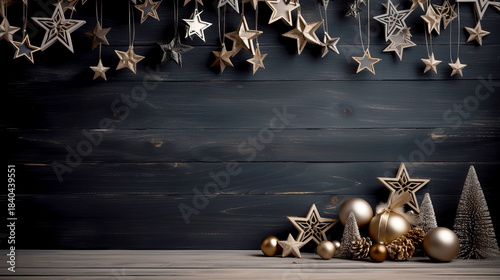 Elegant Holiday Decoration with Stars and Pine Cones on Wood Background