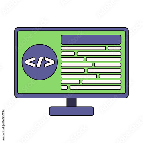 Code Monitor Flat design style, screen displaying coding lines, perfect for software, development, and programming themed visuals.