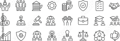 Business, finance, banking, insurance, legal, growth, teamwork, protection, money management, education, collaboration, investment, leadership, success, corporate icons for modern