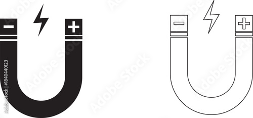 Horseshoe magnet icon with polarity and energy symbol vector Vector