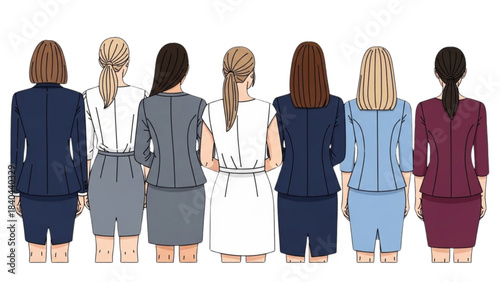 Rear view illustration of a diverse team of professional businesswomen standing together.