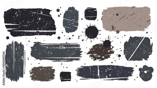 Set of Grungy Brush Strokes and Textured Shapes on a Black Background.