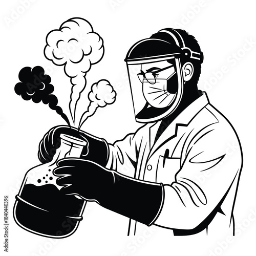 Scientist in protective gear conducting a chemical reaction with smoke and vapor