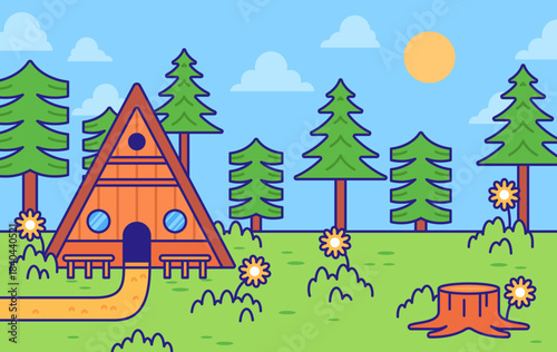 Cute hand drawn vector scene of an frame cabin surrounded by pine trees, flowers, and bright sunshine. A simple cartoon landscape with clean outlines and vibrant colors vector illustration cartoon