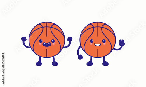 Two adorable vector basketball characters with smiling faces, simple outlines, and playful poses. A fun hand-drawn cartoon style perfect for sports or kids themes