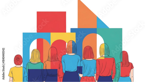 Back view of a diverse female crowd looking at a colorful abstract installation.