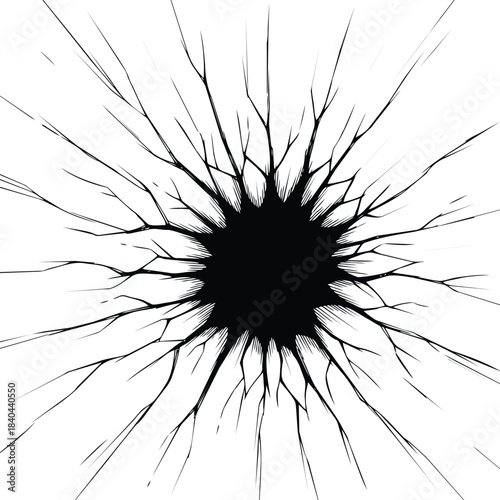 Abstract black hole with radiating cracks on a white background.