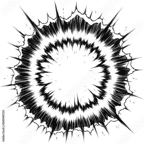 Dynamic black and white explosion effect with sharp lines and concentric circles.