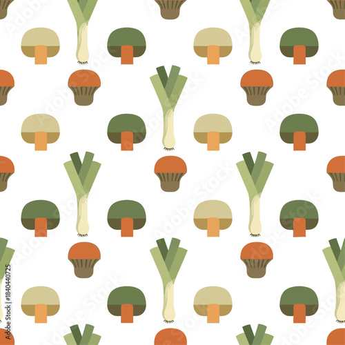 Charming repeating vegetable pattern with fresh leeks and savory mushrooms, ideal for culinary themes and wholesome food concepts