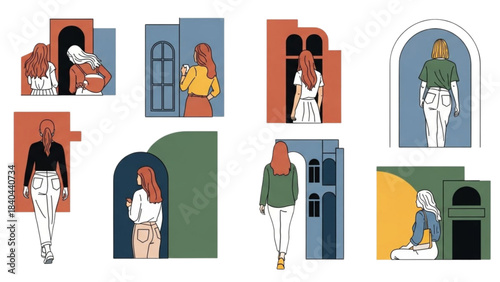 Collection of Stylized Women from Behind in Urban Architectural Frames