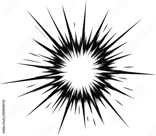Dynamic black and white starburst explosion graphic.