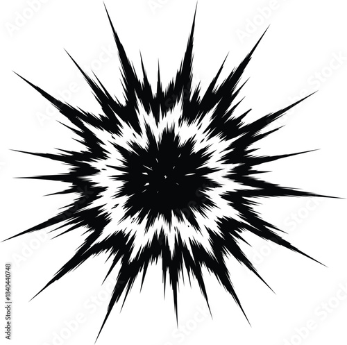 Dynamic black and white explosion graphic with sharp radiating lines creating an intense burst effect.