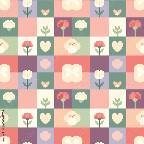 Seamless decorative pattern featuring charming pastel flowers, hearts, and abstract shapes on a checkered background for gentle designs