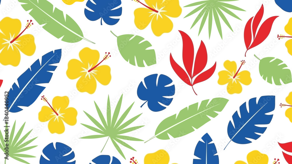 Fototapeta premium Vibrant tropical floral and leaf pattern seamless background with bright colors for summer design