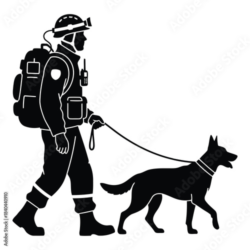Search and rescue worker with dog on leash illustration