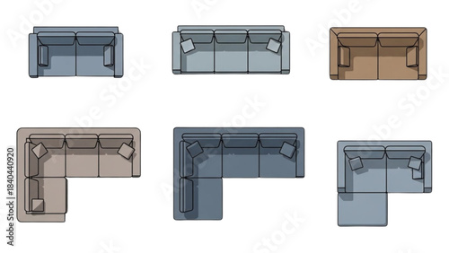 A diverse set of sofa furniture elements for architectural plan views.
