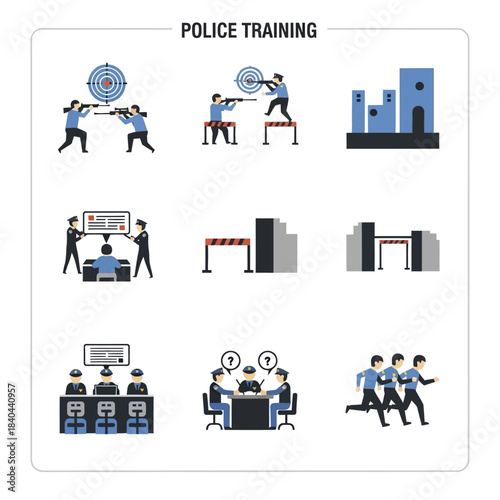 Police Training Icons Set - Shooting Range, Obstacle Course, and Classroom Scenarios.