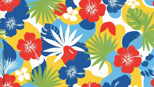 Vibrant tropical floral pattern featuring hibiscus flowers and lush green palm leaves on a bright background