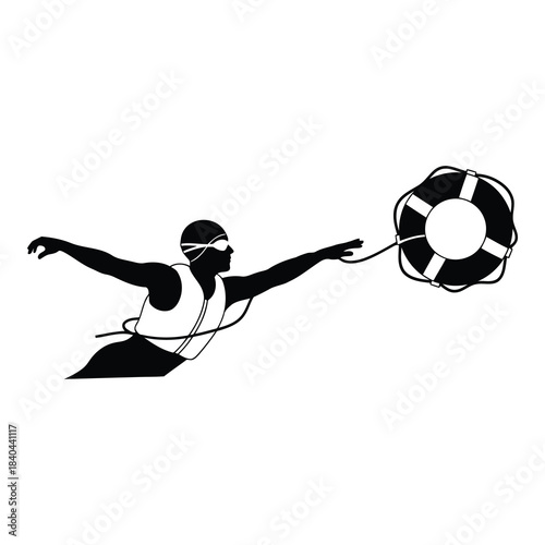 Lifeguard swimming towards danger throwing a lifebuoy rescue ring silhouette