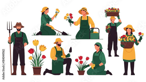 Illustrated set of diverse gardeners cultivating colorful flowers and plants.