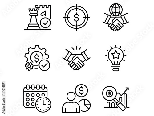 Strategic Management Thin Line Vector Set. Customizable symbols representing various Business Activities and processes. Isolated vector outline illustrations with an editable stroke.