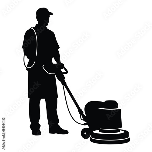 Silhouette of cleaner operating a floor buffer machine