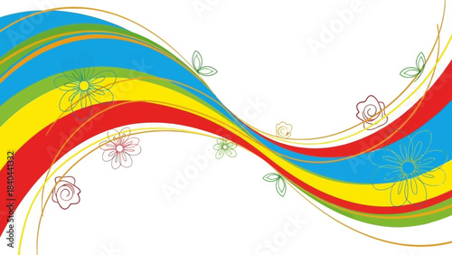 Vibrant abstract rainbow wave design with delicate floral outlines creates a cheerful background banner