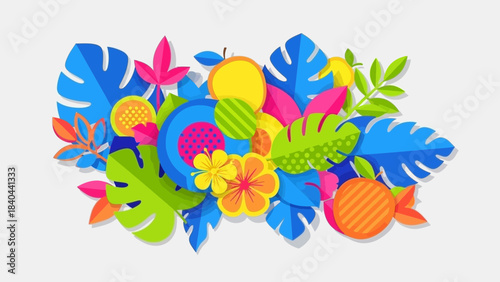 Vibrant tropical paper cut floral and fruit arrangement with bright colors for summer celebration design