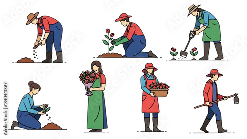 Gardening Activities: A Set of Forty Illustrations of Farmers at Work