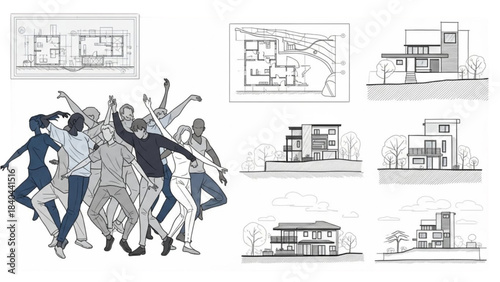 Creative project 41: illustrations of dancers and architectural blueprints.